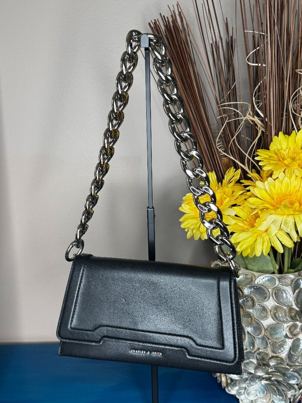 Charles & Keith Black Structured Trapeze Shoulder Bag with Chunky Silver Chain